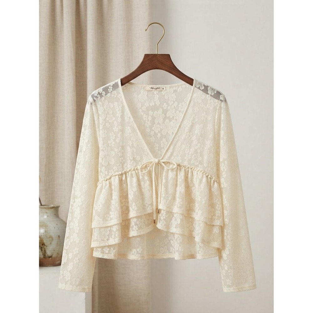 Three Bird Nest Cream Floral Lace Tiered Ruffle Tie Front Top Long Sleeve XL